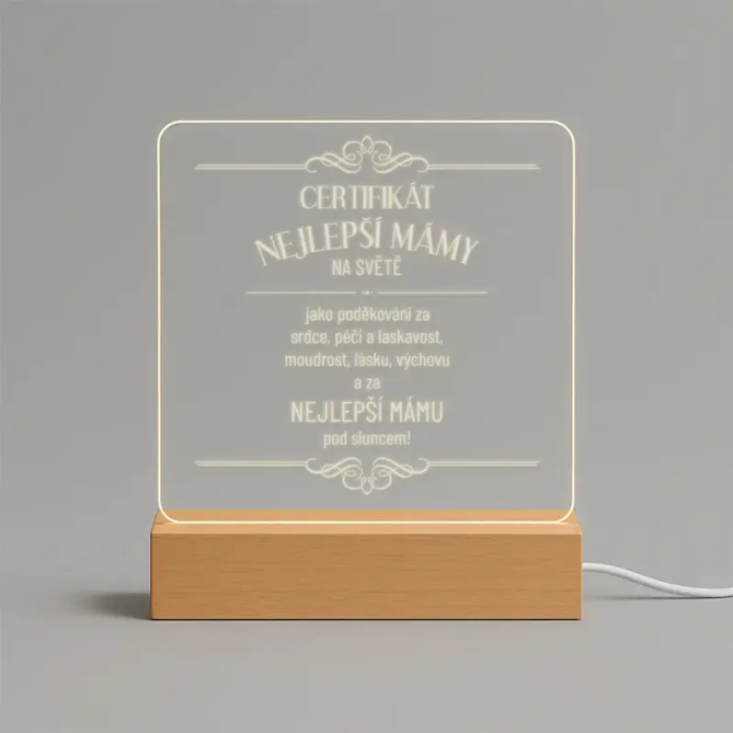 Certifikát nejlepší mámy na světě - LED lampička s gravírováním