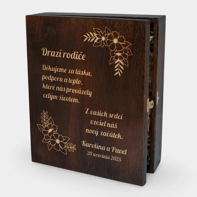 Drazí rodiče – děkujeme za lásku - krabice na víno s gravírovanými sklenicemi - personalizovaný produkt